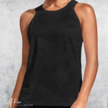 Black Mesh Racerback Sports Tank Top featuring a sleeveless design, round neckline and sporty racerback cut, perfect for workouts, gym sessions and casual activewear.