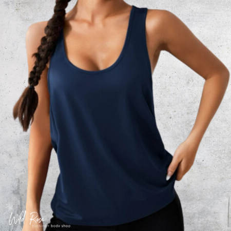 Navy Slogan Racerback Sports Tank Top featuring a sleeveless design, scoop neckline and sporty racerback style, paired with black leggings for a comfortable athletic look.
