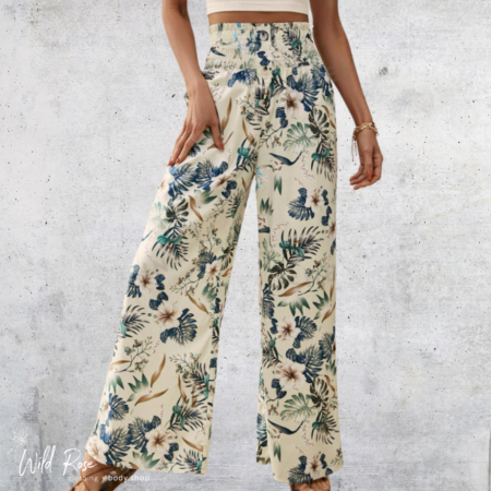 Tropical Print Wide-Leg Pants featuring a cream base with blue and green floral and botanical print.