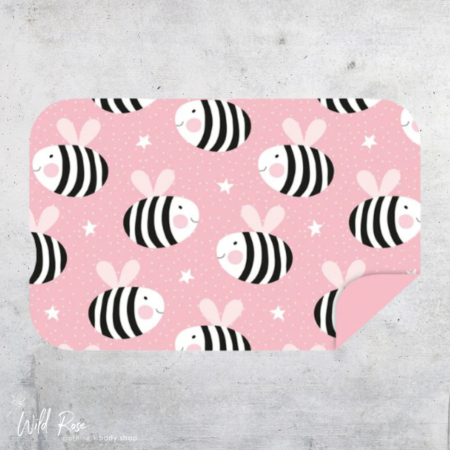 Bobums Bumble Bees Pink M Microfiber Towel featuring cute black-and-white bumble bees on a pink background.