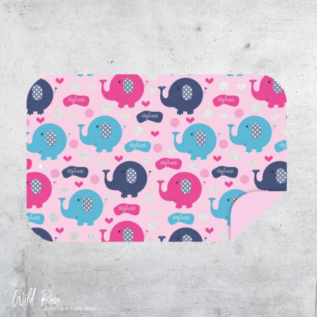 Bobums Candy Floss Ellies M Microfibre Towel featuring colourful elephants, hearts and playful patterns on a pink background.