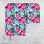 Bobums Lotus Pink Flower Microfibre Towel for Two XL featuring vibrant pink tropical flowers, blue accents and lush green leaves, perfect for beach holidays, poolside relaxation and summer getaways.