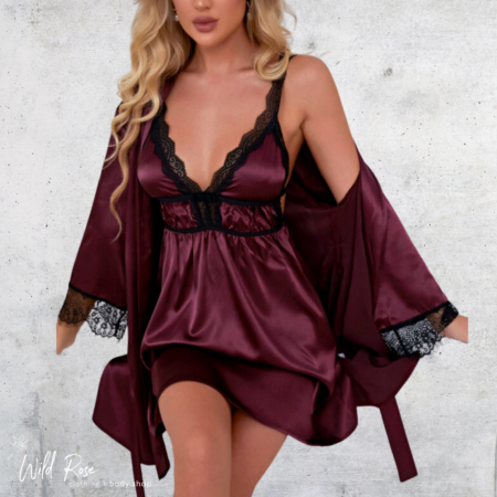 Burgundy Satin Lace Nightwear Dress Set featuring a silky satin nightdress with black lace detailing and a matching robe with lace-trimmed sleeves.