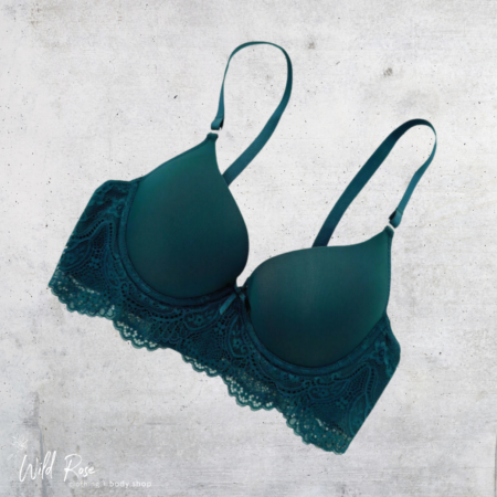 Elegant deep teal lace bra with smooth cups, delicate lace detailing and adjustable shoulder straps.