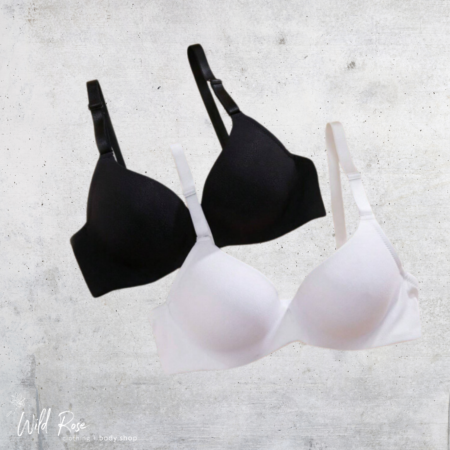 Everyday Comfort Wired Bra in black and white with smooth cups, adjustable straps and supportive underwire.