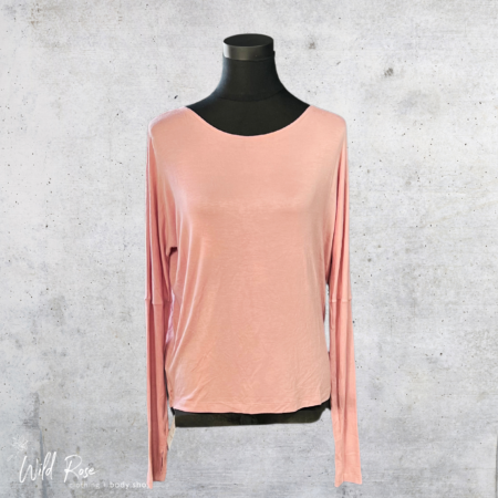 Blush Drape Back Top in soft pink with long sleeves and a relaxed silhouette, featuring an elegant draped back detail.
