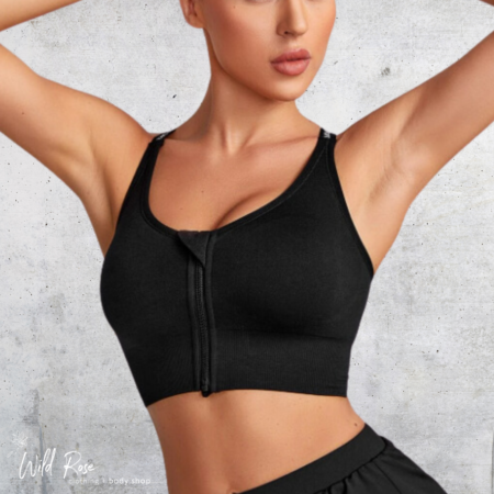 Black High Support Zip Sports Bra featuring a supportive cropped design, wide shoulder straps and a convenient front zip closure, ideal for workouts and fitness training.