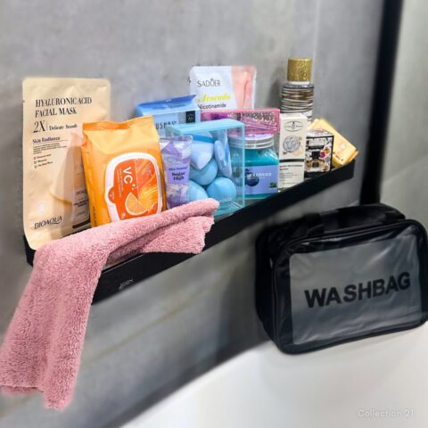 The Luxe Ladies’ Collection featuring a luxury wash bag, body mist, perfume, blueberry body scrub, skincare masks, wipes, foot-care products, makeup accessories and hand cream.