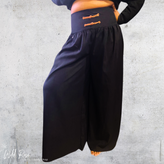 Wide-Leg Long Pants featuring a high-waisted design, flowing wide legs, a dark navy-black colour and distinctive orange decorative waistband details.
