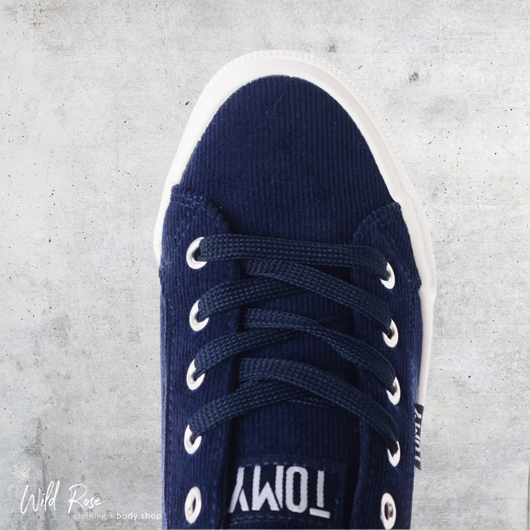 Navy Blue Tomy Sneakers – Textured Lace-Up Shoes | WildRose Navy Blue Tomy Sneakers featuring a textured navy-blue upper, matching laces, silver-tone eyelets and a contrasting white sole.