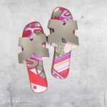 Ladies Fashion Sandals featuring cream crossover straps and a colourful patterned footbed in pink, purple, red, green and white, perfect for casual summer outfits.