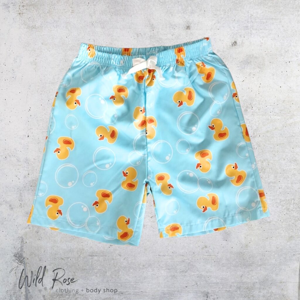 Rubber Duck Boys’ Swim Shorts with Colourful Yellow Duck Print on a Light Blue Background