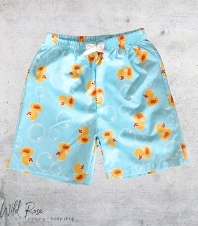 Rubber Duck Boys’ Swim Shorts with Colourful Yellow Duck Print on a Light Blue Background
