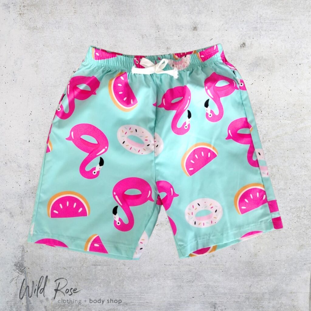 Tropical Flamingo Swim Shorts with Pink Flamingo and Watermelon Print on Aqua Backgroun