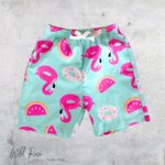 Tropical Flamingo Swim Shorts with Pink Flamingo and Watermelon Print on Aqua Backgroun