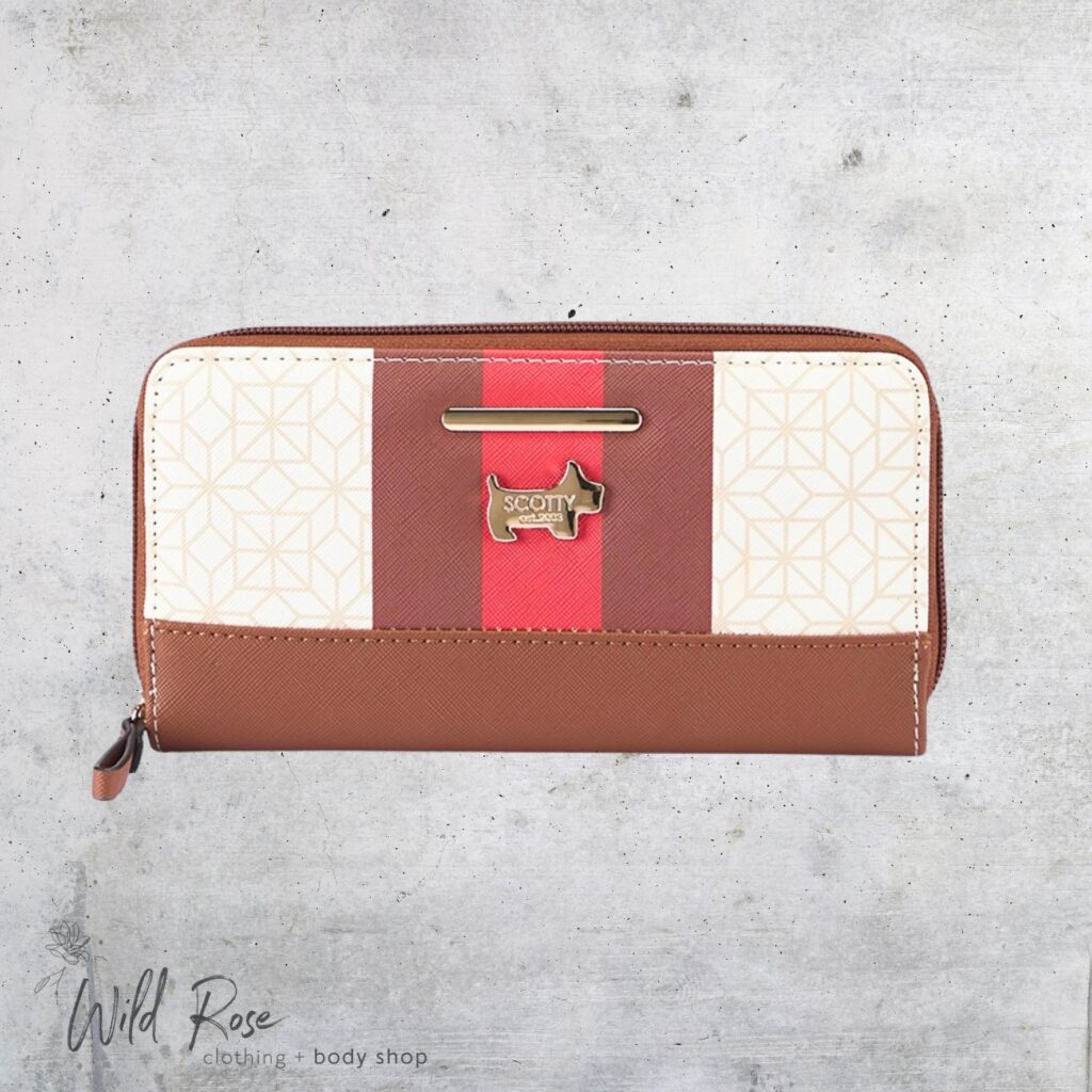 Scotty Brown & Red Purse featuring a stylish brown, red and cream design, decorative front detailing and a zip-around closure.