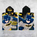 Batman Hooded Towel featuring a bold Batman superhero design in black, yellow, blue and grey, perfect for kids' bath time, swimming and beach adventures.