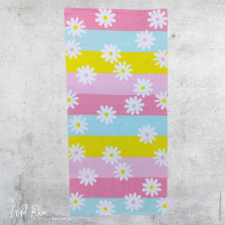 Pastel Daisy Microfibre Beach Towel featuring white daisies with yellow centres on pink, blue and yellow horizontal stripes.