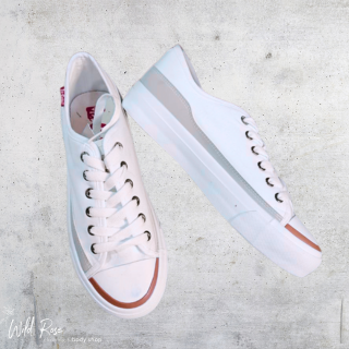 Lee Cooper Sneakers – White Lace-Up Shoes with Tan Accents | WildRose Lee Cooper white lace-up sneakers with tan toe accents and a white sole, displayed on a light background.
