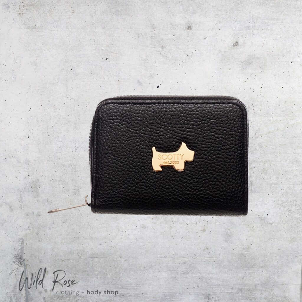 Scotty Bags Black Purse & Cardholder with a textured black exterior, gold-tone Scotty dog emblem and zip-around closure on a light background.