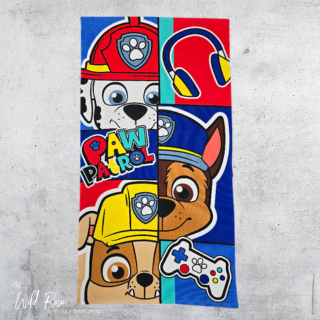 Paw Patrol Beach Towel featuring colourful Chase, Marshall and Rubble character designs, perfect for kids' beach days, swimming and summer holidays.
