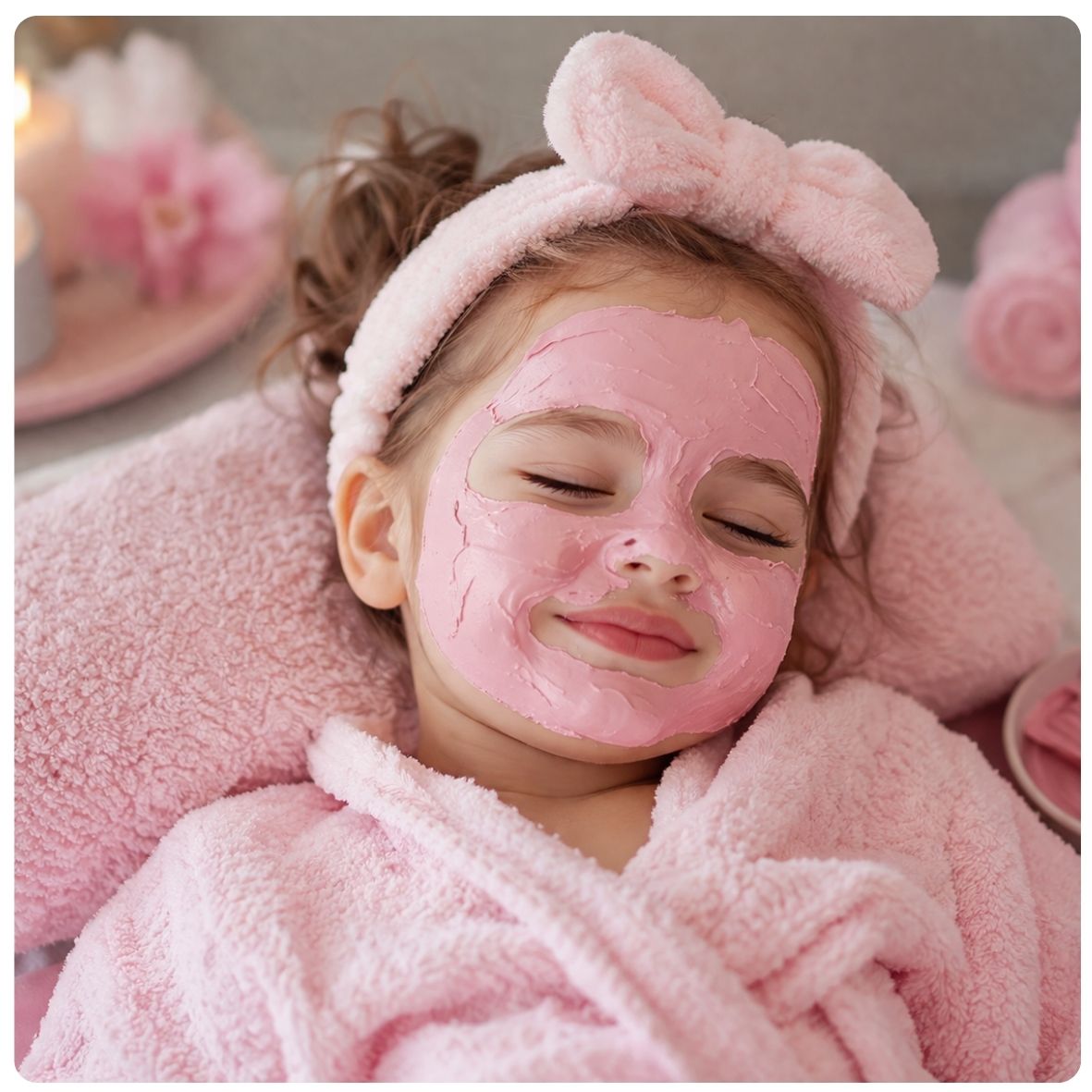 Princess Face Glow – Children's Pamper Treatment at The Cupcake Lounge Princess Face Glow children's facial pamper treatment featuring a little girl with a pink face mask at The Cupcake Lounge.