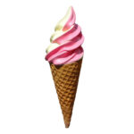Yummy Treats Frostie Swirl Cone with pink and white swirled ice cream in a crispy waffle cone.