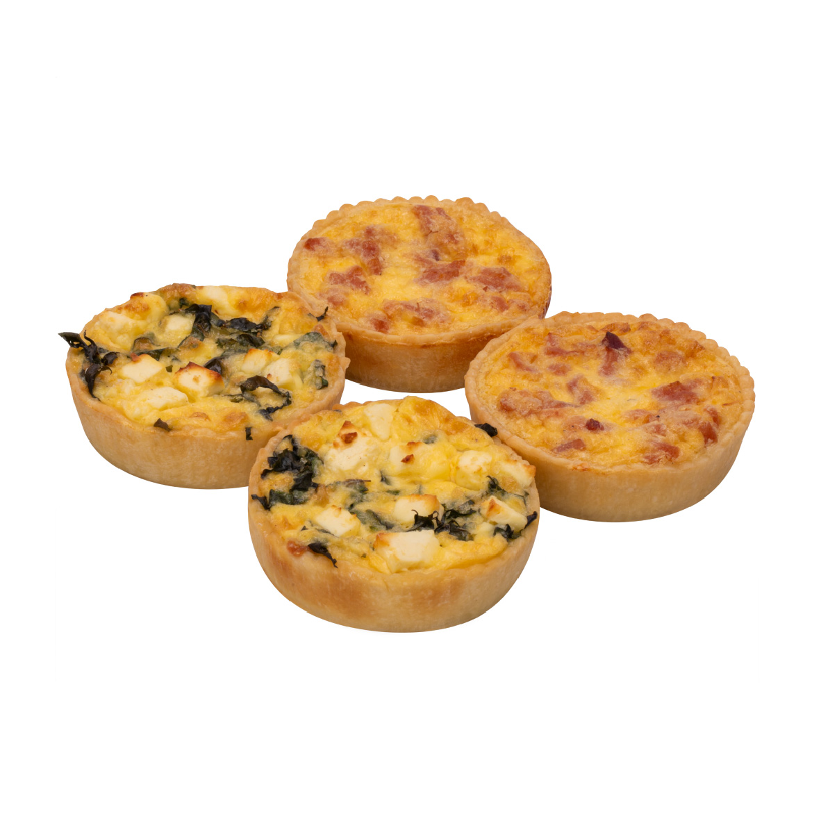 Party Bites • Mini Quiche – Assorted Savoury Pastries Party Bites Mini Quiches with golden pastry crusts and assorted savoury fillings, including spinach and cheese.
