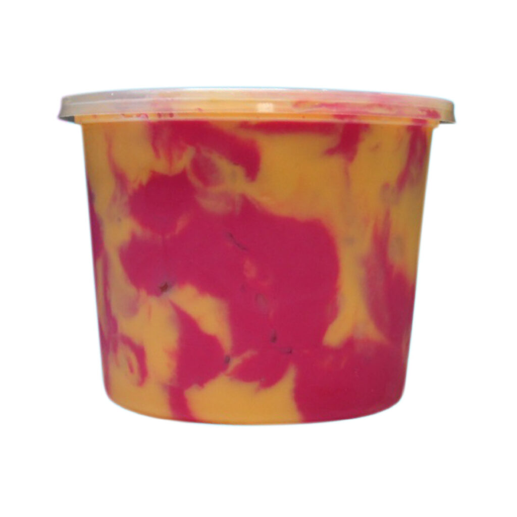 Yummy Treats Frozen Yoghurt Cup with a colourful pink and yellow swirled design in an individual cup.