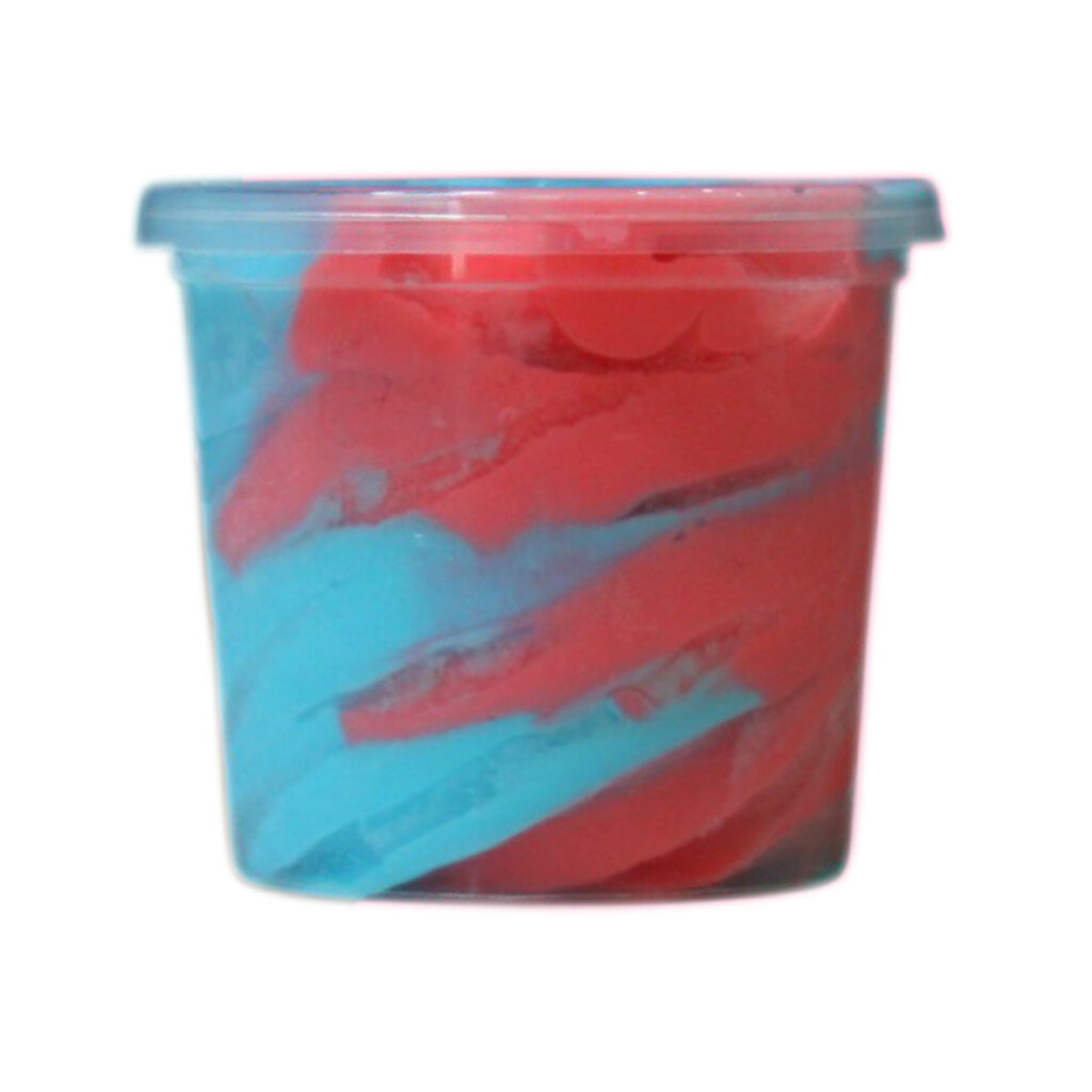 Yummy Treats Ice Cream Cup with colourful red and blue swirled ice cream in an individual cup.