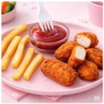 Party Bites Chicken Strips & Chips served with golden crispy chicken strips, chips and a dipping sauce on a pink plate.