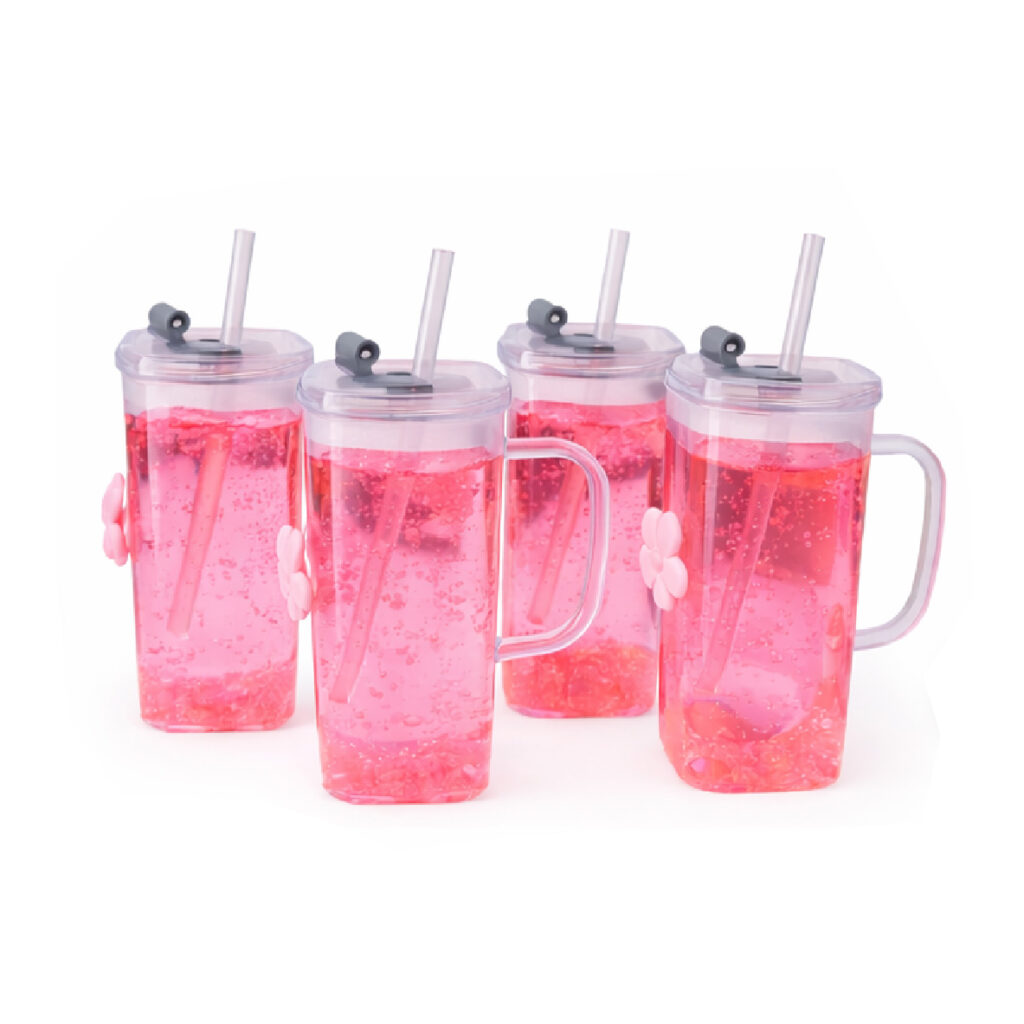 Party Bites Bubble Tea in pink drinks served in clear cups with lids, straws and handles, perfect for parties and celebrations.