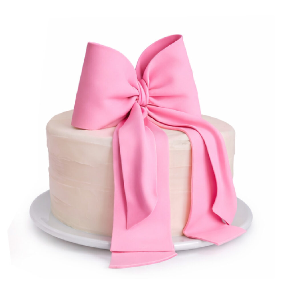 Pink Bow Cake by Yummy Treats featuring an elegant pink bow decoration on a white cake, perfect for birthdays, baby showers and special celebrations.