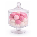 Vintage Fluffs featuring soft pink and white fluffy sweets displayed in a clear glass bowl with a decorative lid, perfect for birthdays, baby showers, tea parties, and special celebrations at The Cupcake Lounge.