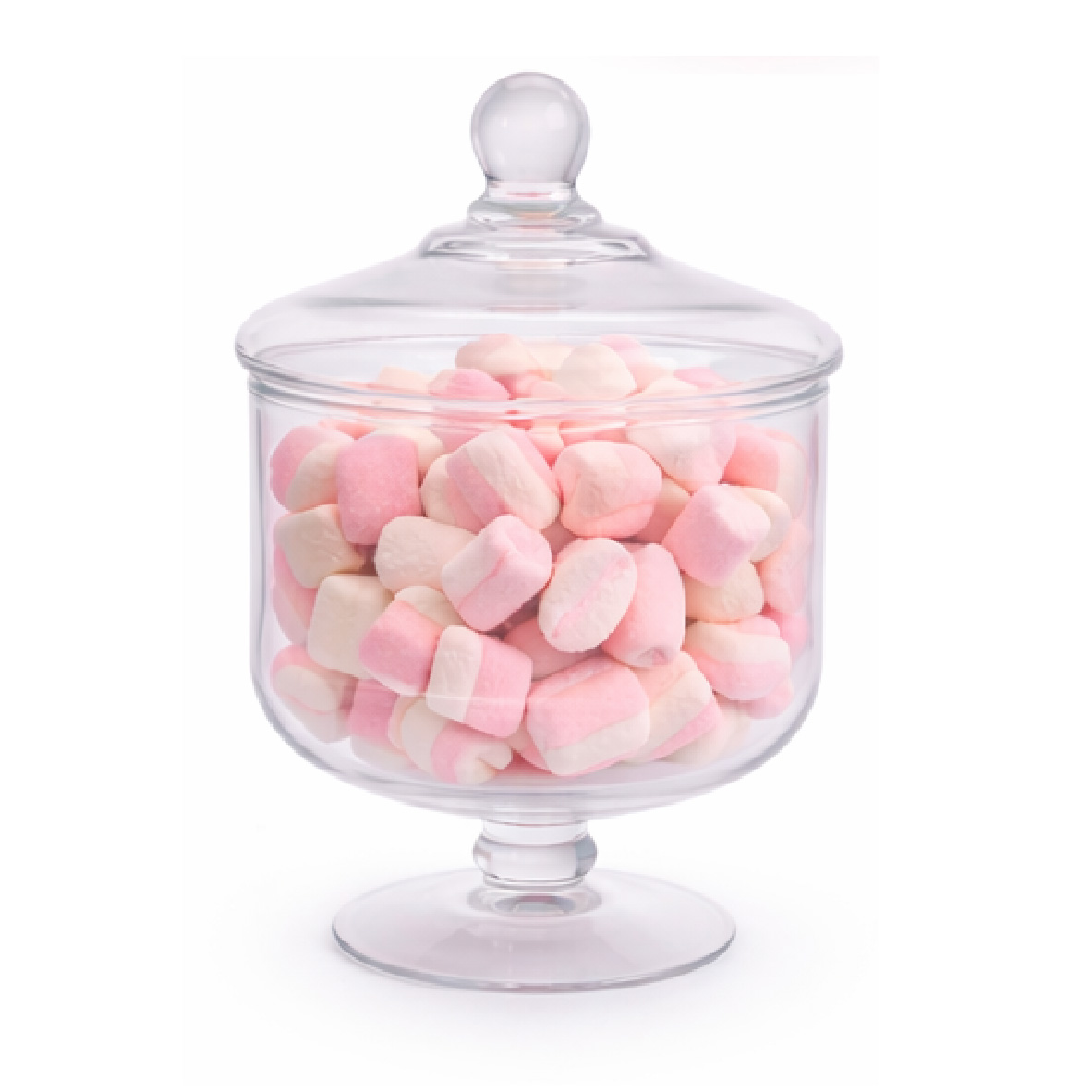 Striped Fluffs – Sweetie Jars | The Cupcake Lounge Pink-and-white Striped Fluffs displayed in a clear glass bowl with a decorative lid, perfect for birthdays, baby showers, princess parties, and special celebrations at The Cupcake Lounge.