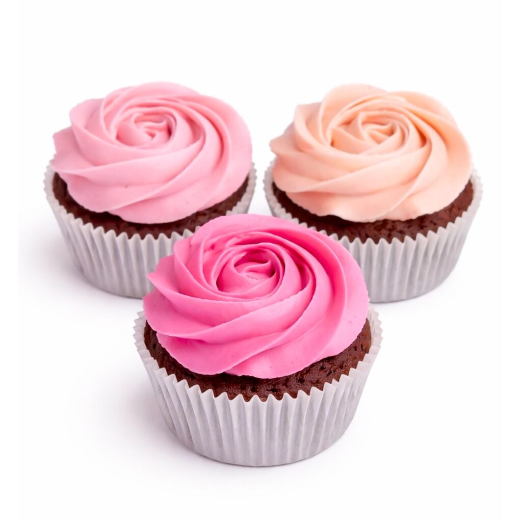 Yummy Treats Rose Cupcakes topped with pink and peach rose-shaped buttercream frosting in silver cupcake liners.