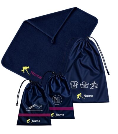 Custom School Set • Hockey featuring a navy-blue towel and matching personalised drawstring bags with yellow hockey-themed designs.