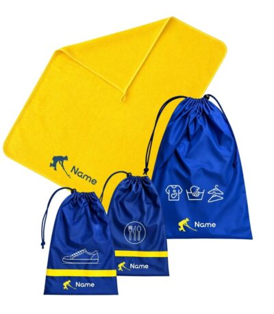 Custom School Set Hockey featuring a bright yellow personalised towel and navy-blue drawstring bags with hockey-themed designs and name details.