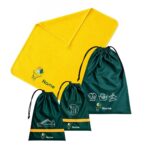 Shop our Custom School Set Netball 1 featuring a bright yellow towel and matching green personalised drawstring bags. Perfect for school and netball practice.
