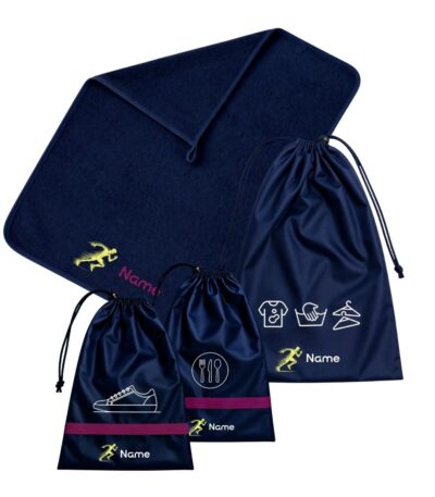 Custom School Set Runner featuring a navy towel and three matching drawstring bags with personalised names and sporty running designs.