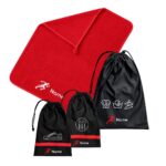 Custom School Set • Runner with personalised red runner towel and three black drawstring bags featuring custom name printing.