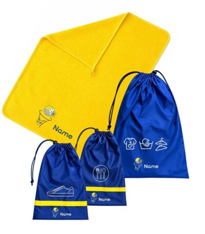 Custom School Set Netball 1 featuring a bright yellow personalised towel and navy-blue drawstring bags with netball-themed designs and name details.
