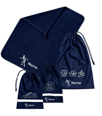 Custom School Set Cross Country featuring a navy blue towel and matching personalised drawstring bags with running and athletics designs.