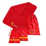 Custom School Set • Cross Country featuring a red towel and matching drawstring bags with personalised names and cross-country running designs.