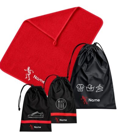 Custom School Set Cross Country featuring a red personalised towel and matching black drawstring bags with cross-country running designs, ideal for school sports and athletics.
