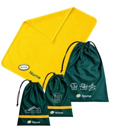 Custom School Set Rugby featuring a bright yellow towel and matching deep green personalised drawstring bags with rugby-themed designs and your child's name.