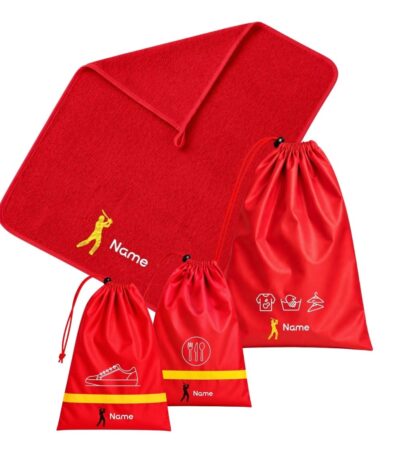 Custom School Set • Cricket featuring a red runner towel and three matching red drawstring bags with cricket-themed designs and personalised name printing.