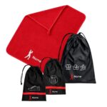 Custom School Set Cricket featuring a red towel and three matching black drawstring bags with personalised names and cricket-themed designs.