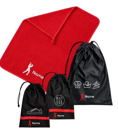 Custom School Set Cricket featuring a red towel and three matching black drawstring bags with personalised names and cricket-themed designs.