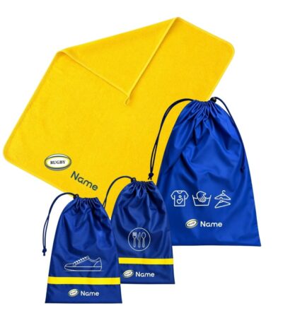 Custom school rugby set featuring a bright yellow towel and navy-blue drawstring bags with personalised name details and rugby-themed designs.